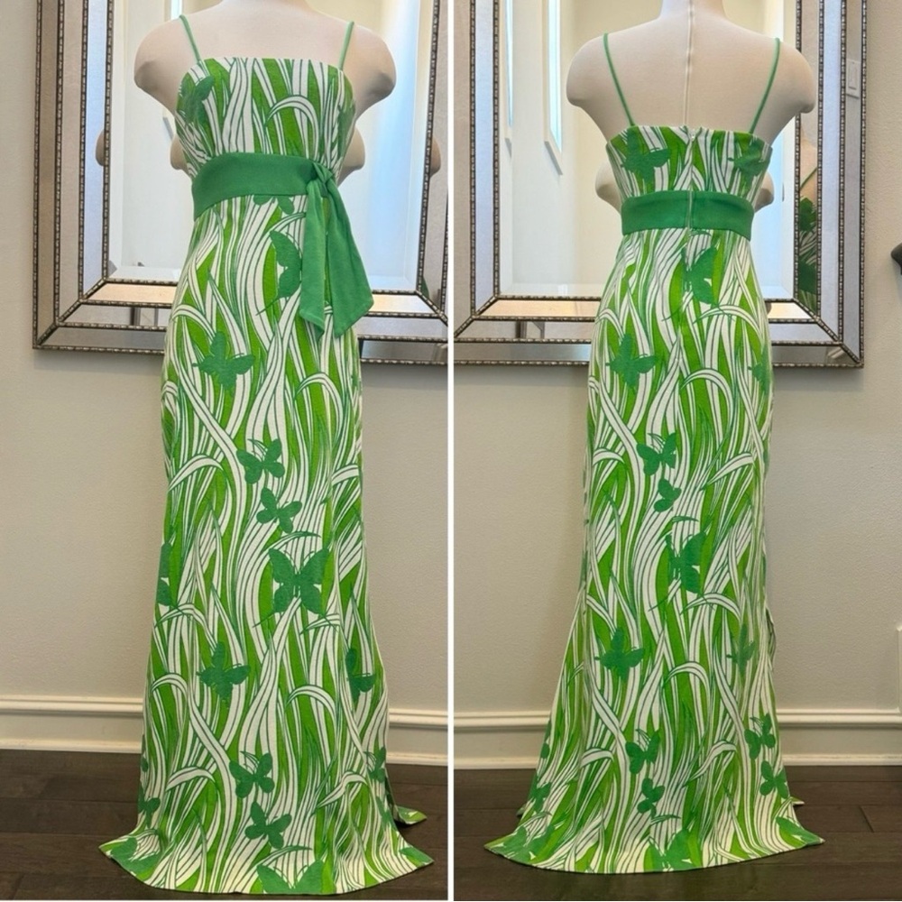 Miss Shaheen Vintage Hawaiian Butterfly Print Green Maxi Dress Column Gown 10 - Picture 6 of 12